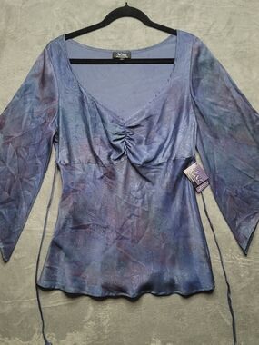 Solace 100% Silk Paisley Blouse Medium M Blue Purple Bell Sleeve Whimsigoth Boh